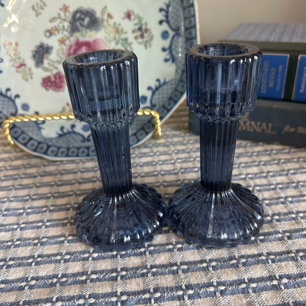 SOLD LOCALLY Elegant Blue Glass Candle Holders